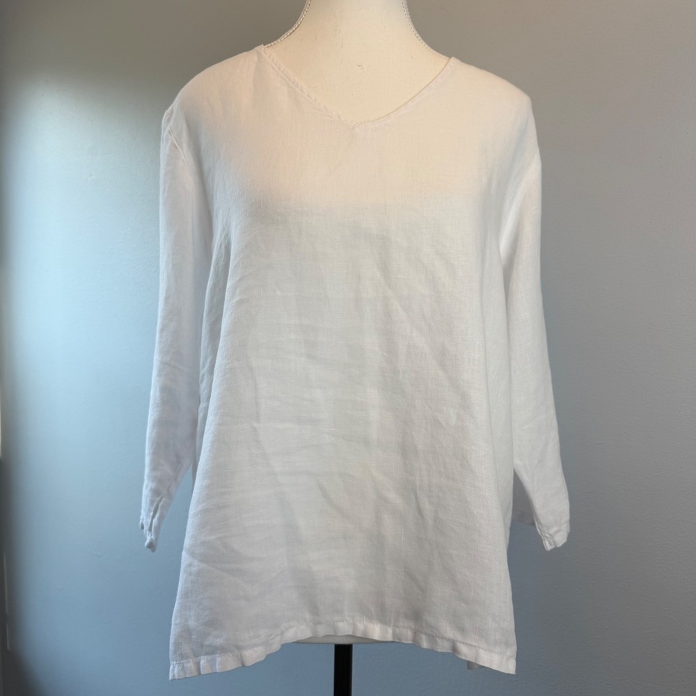 Vintage Yvonne LaFleur New Orleans White 100% Linen V-Neck Tunic Top Small Beach